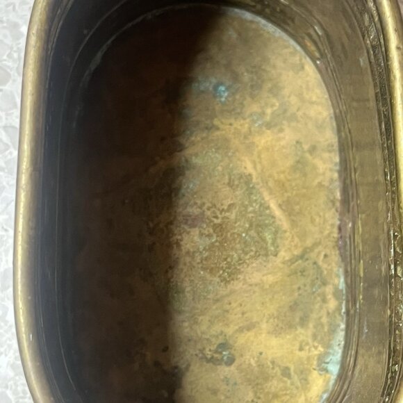 Small Brass Oval Planter Seashell Accent Handles Beautiful Patina 3” Tall Vtg - Picture 10 of 14